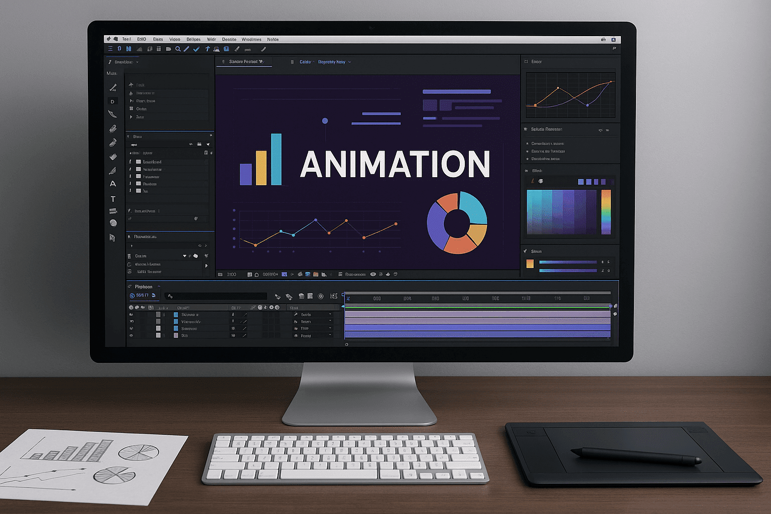 After Effects Masterclass showing motion graphics, infographic animation, keyframes, text animation, and professional visual effects workspace