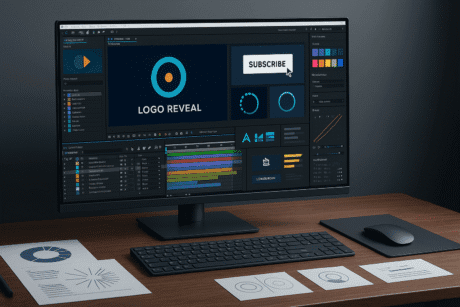 After Effects motion graphics workspace showing animated timelines, logo reveals, video bumpers, keyframes, and smooth transitions