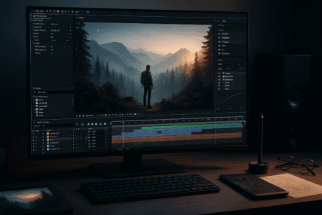 After Effects photo animation showing 3D depth, camera movement, lighting effects, and animated particles added to a still image