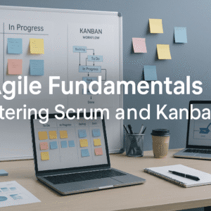 Modern UK-style workspace showing Agile boards, Scrum cards and Kanban workflow visuals, designed for an Agile Fundamentals training course.