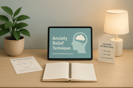 Calm learning workspace showing mental wellness tools and reflections used in anxiety relief techniques for overcoming fear and panic.