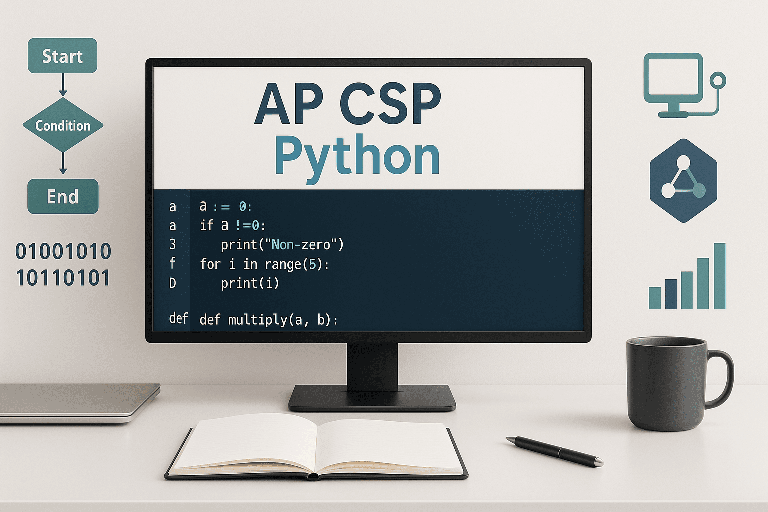 AP CSP Python programming course showing coding concepts, algorithms, data, and digital systems on a modern learning workspace