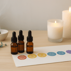Holistic healing workspace with essential oils and chakras representing aromatherapy chakra healing