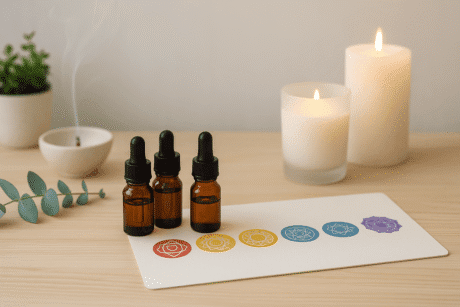 Holistic healing workspace with essential oils and chakras representing aromatherapy chakra healing