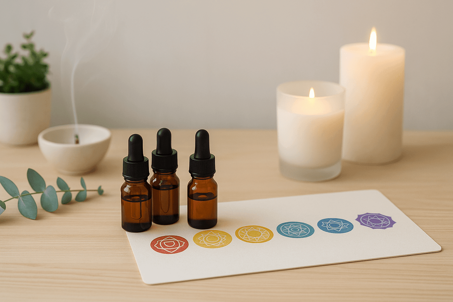 Holistic healing workspace with essential oils and chakras representing aromatherapy chakra healing
