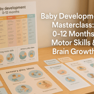Baby development masterclass image showing a UK-style workspace with milestone charts, play guides and motor skills activities for infants.