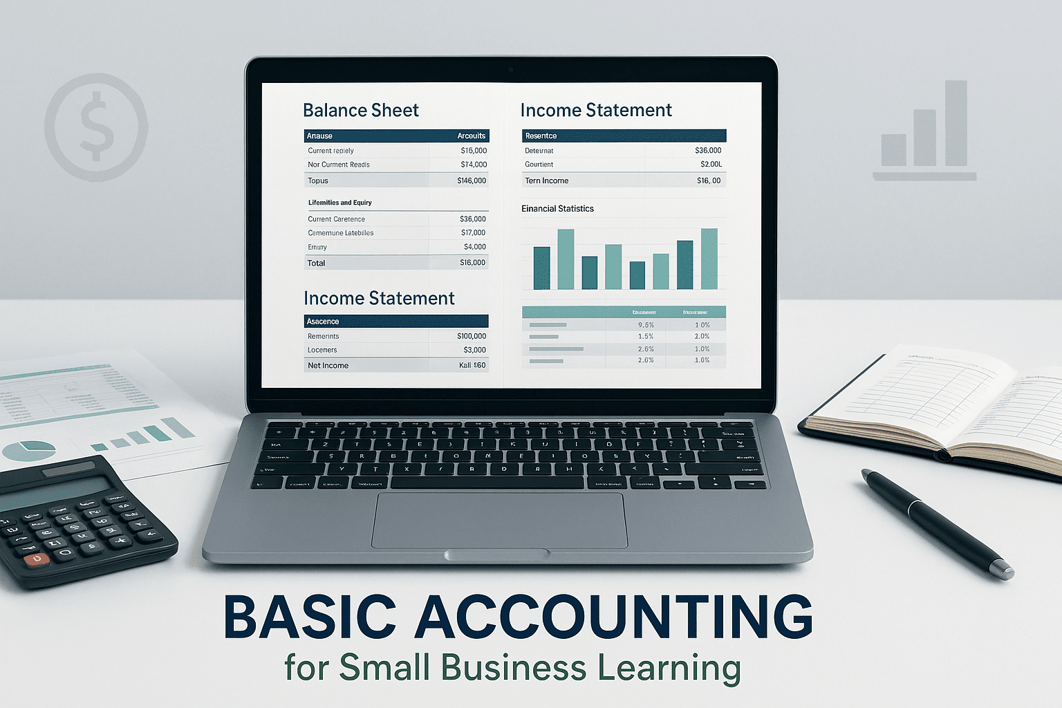 Modern workspace showing financial statements and spreadsheets representing basic accounting for small business