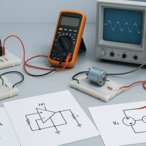 Basic Electrical Engineering practical lab setup with circuits, op-amps, DC motor, and electrical measurement instruments