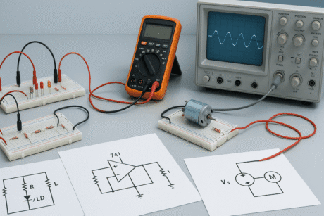 Basic Electrical Engineering practical lab setup with circuits, op-amps, DC motor, and electrical measurement instruments