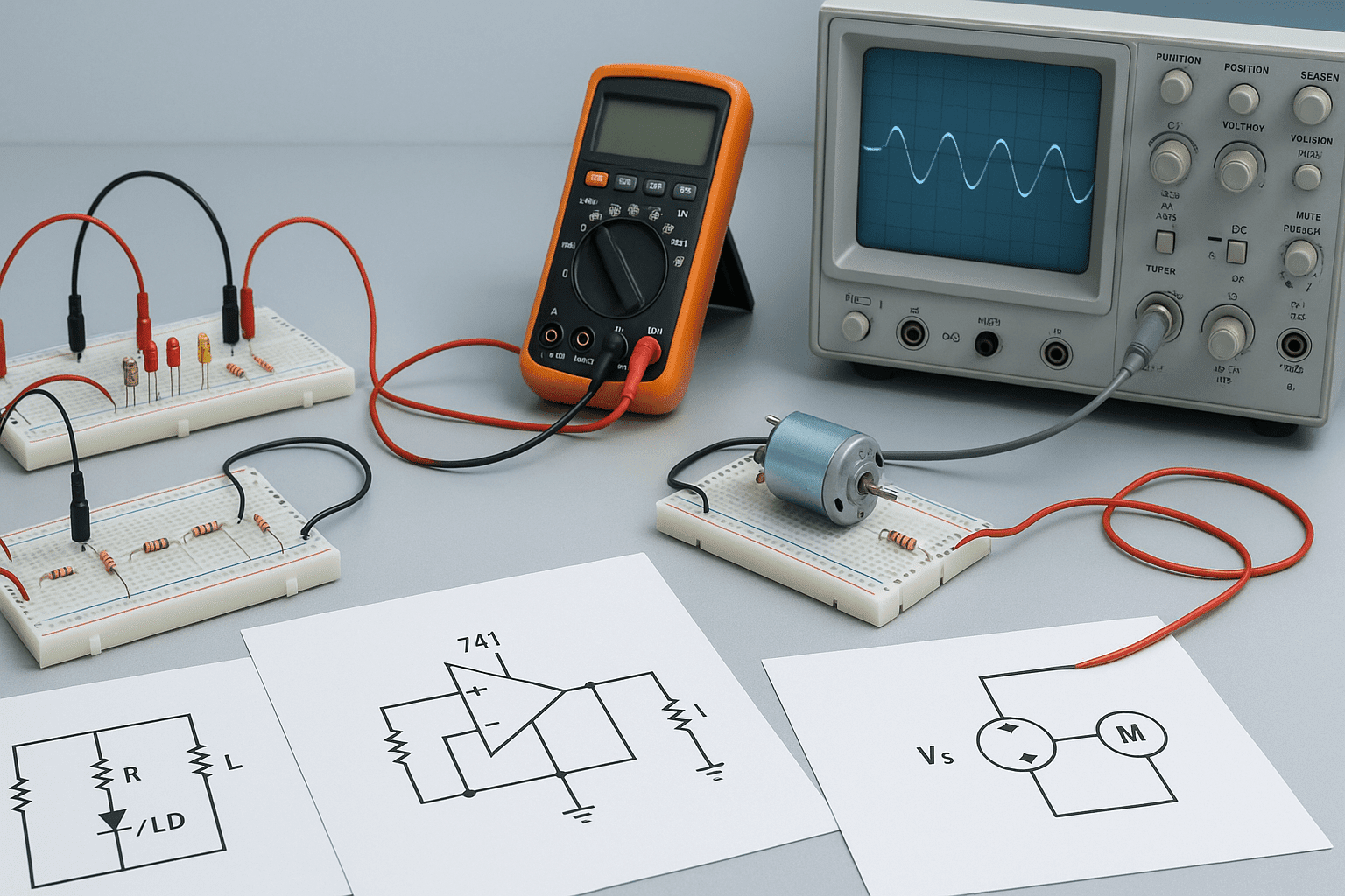 Basic Electrical Engineering practical lab setup with circuits, op-amps, DC motor, and electrical measurement instruments
