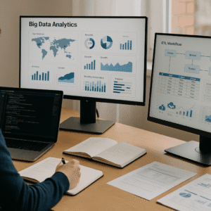 A UK learner analysing dashboards, code, and big data workflows on multiple screens for a big data analytics diploma.