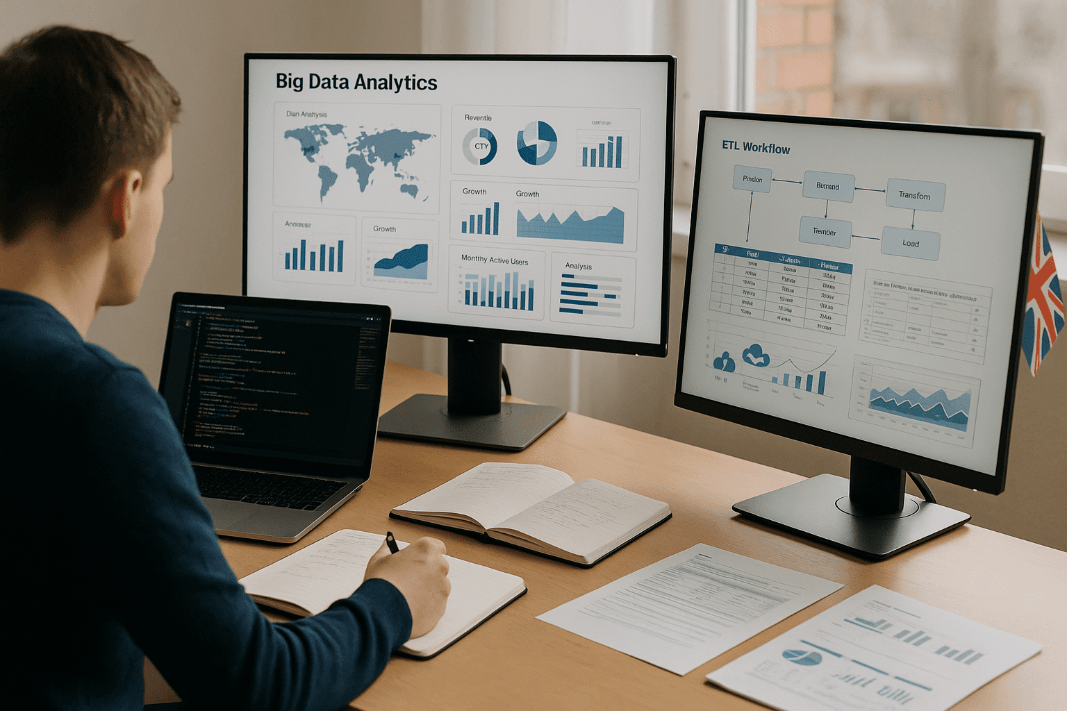 A UK learner analysing dashboards, code, and big data workflows on multiple screens for a big data analytics diploma.