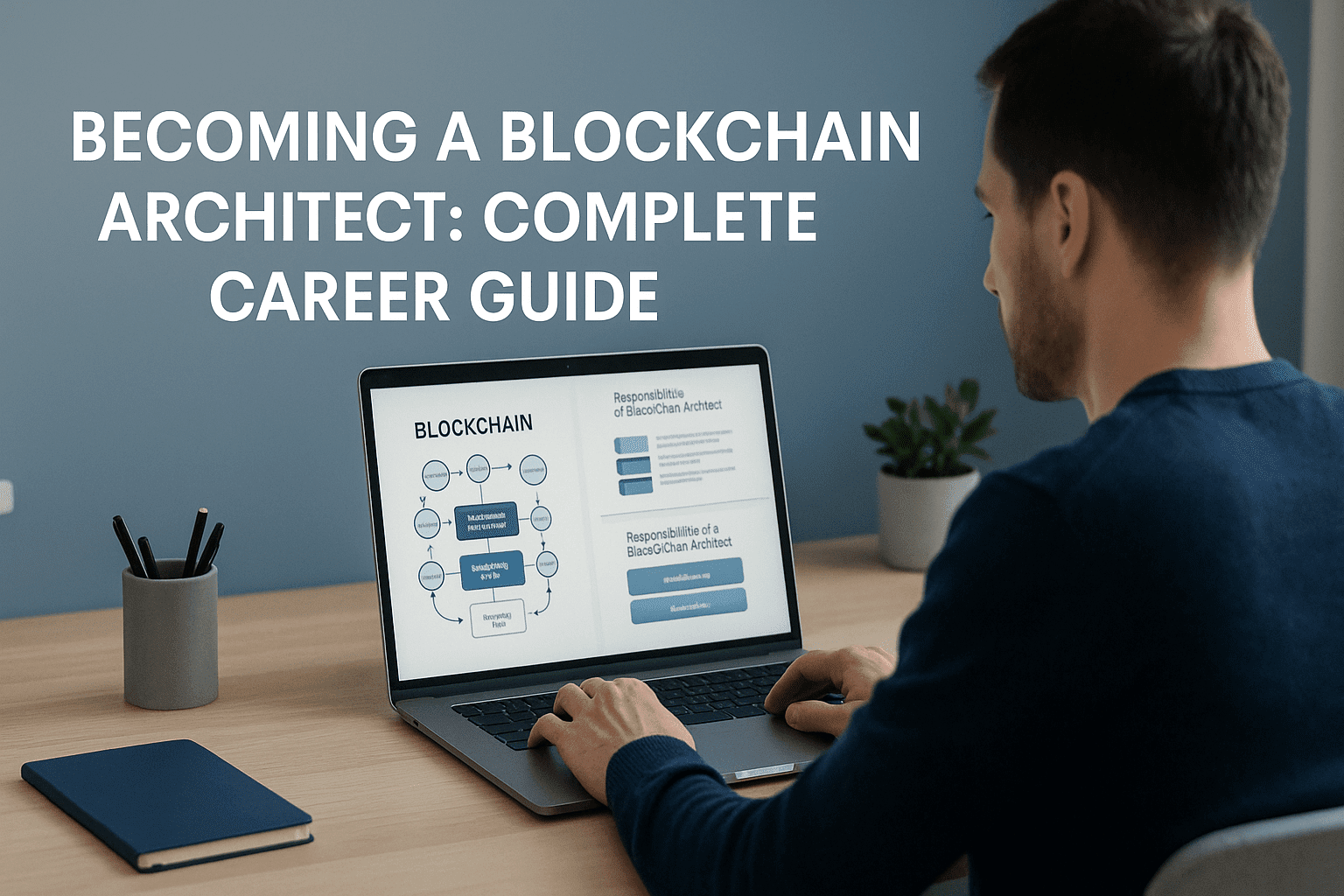 Blockchain architect career image showing a UK learner analysing blockchain diagrams, system maps and architecture workflows on a laptop.
