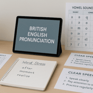 Modern learning workspace showing phonetic charts and speech tools for British English pronunciation and clear spoken English.