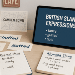 Modern language-learning workspace illustrating British slang expressions, regional phrases, and everyday spoken British English.