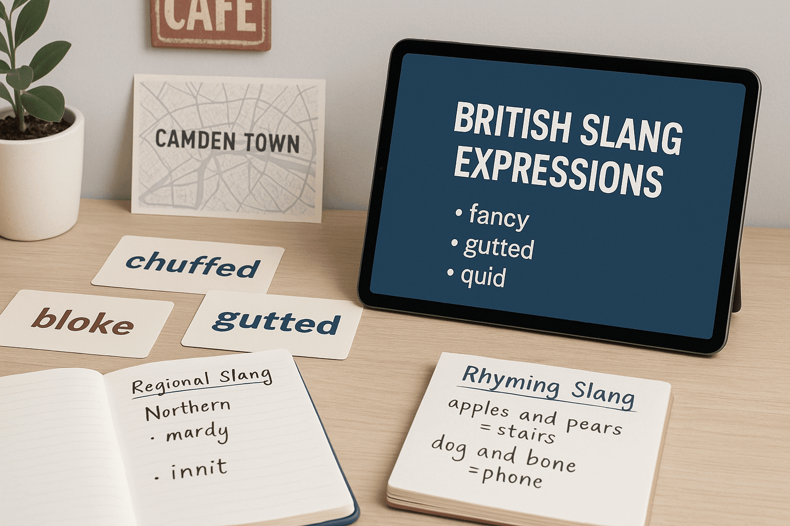 Modern language-learning workspace illustrating British slang expressions, regional phrases, and everyday spoken British English.