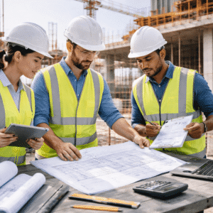 Building construction fundamentals shown on a modern construction site with engineers reviewing RCC drawings and quantities
