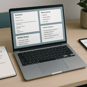 Professional office learning workspace representing business English communication skills for workplace conversations and writing.