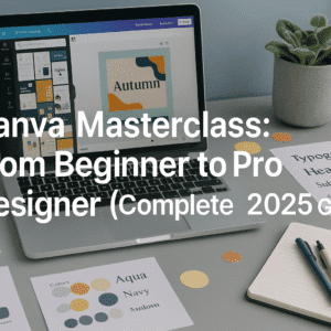 Tidy UK-style workspace with Canva interface, design templates, colour palettes and layout tools for Canva Masterclass 2025 learners.