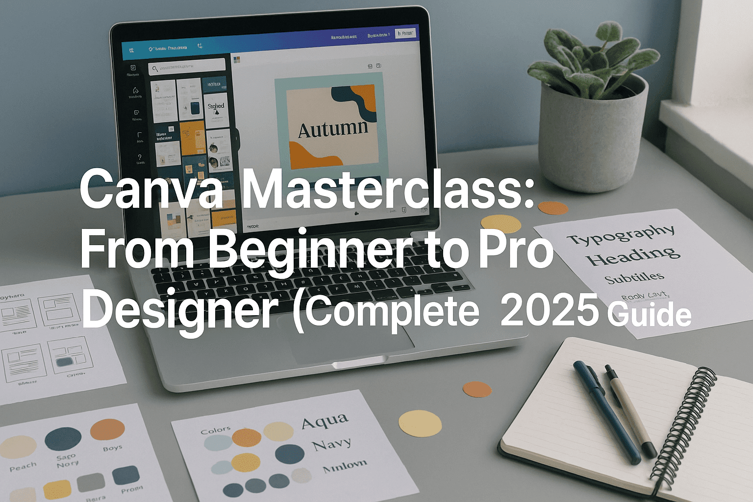 Tidy UK-style workspace with Canva interface, design templates, colour palettes and layout tools for Canva Masterclass 2025 learners.