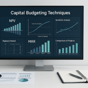 Professional workspace showing capital budgeting techniques with NPV charts, IRR graphs, payback period tables, and investment decision visuals