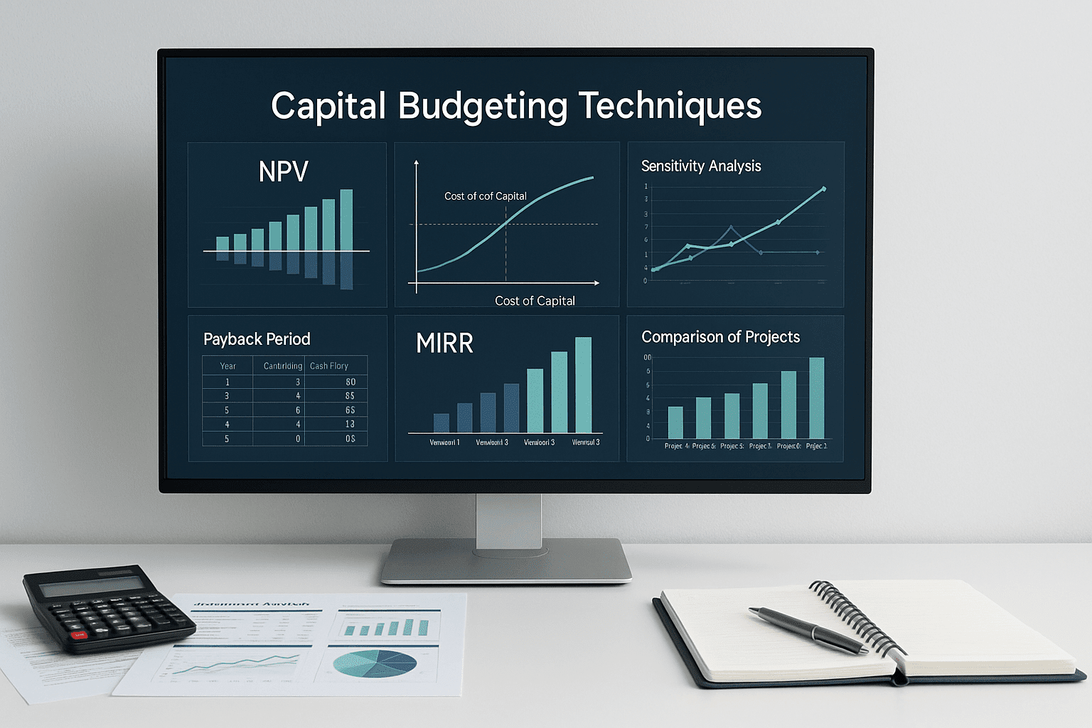 Professional workspace showing capital budgeting techniques with NPV charts, IRR graphs, payback period tables, and investment decision visuals
