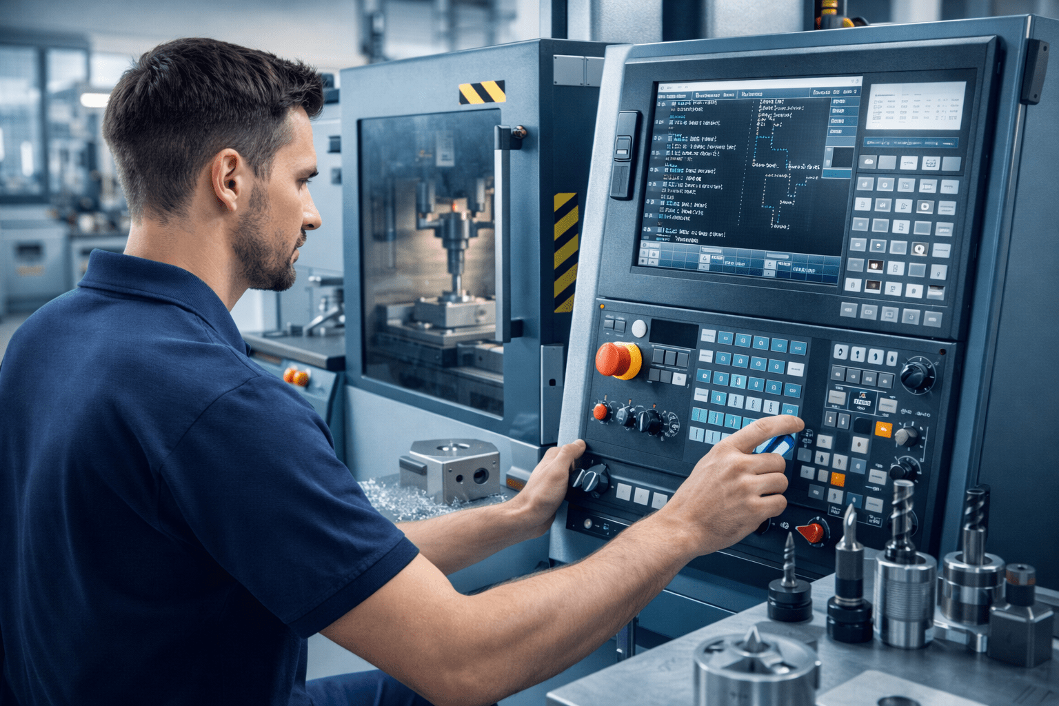 Engineer learning cnc milling programming using G-code on a modern CNC milling machine in a professional workshop