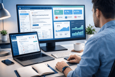 Digital marketing for coaches showing branding, email marketing, social media and website funnels on multiple screens