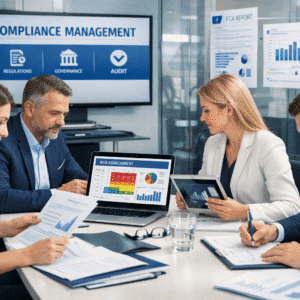 Professionals studying a Compliance Management Diploma Level 7 with UK regulatory frameworks and corporate governance visuals