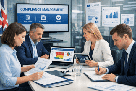 Professionals studying a Compliance Management Diploma Level 7 with UK regulatory frameworks and corporate governance visuals