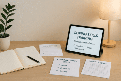 Modern learning workspace illustrating coping skills training for emotional strength, mindset development, and communication skills.