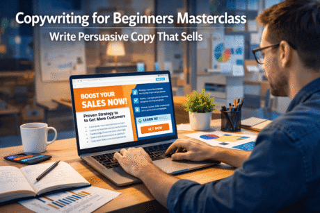 Professional marketer writing persuasive sales copy in a copywriting for beginners training environment