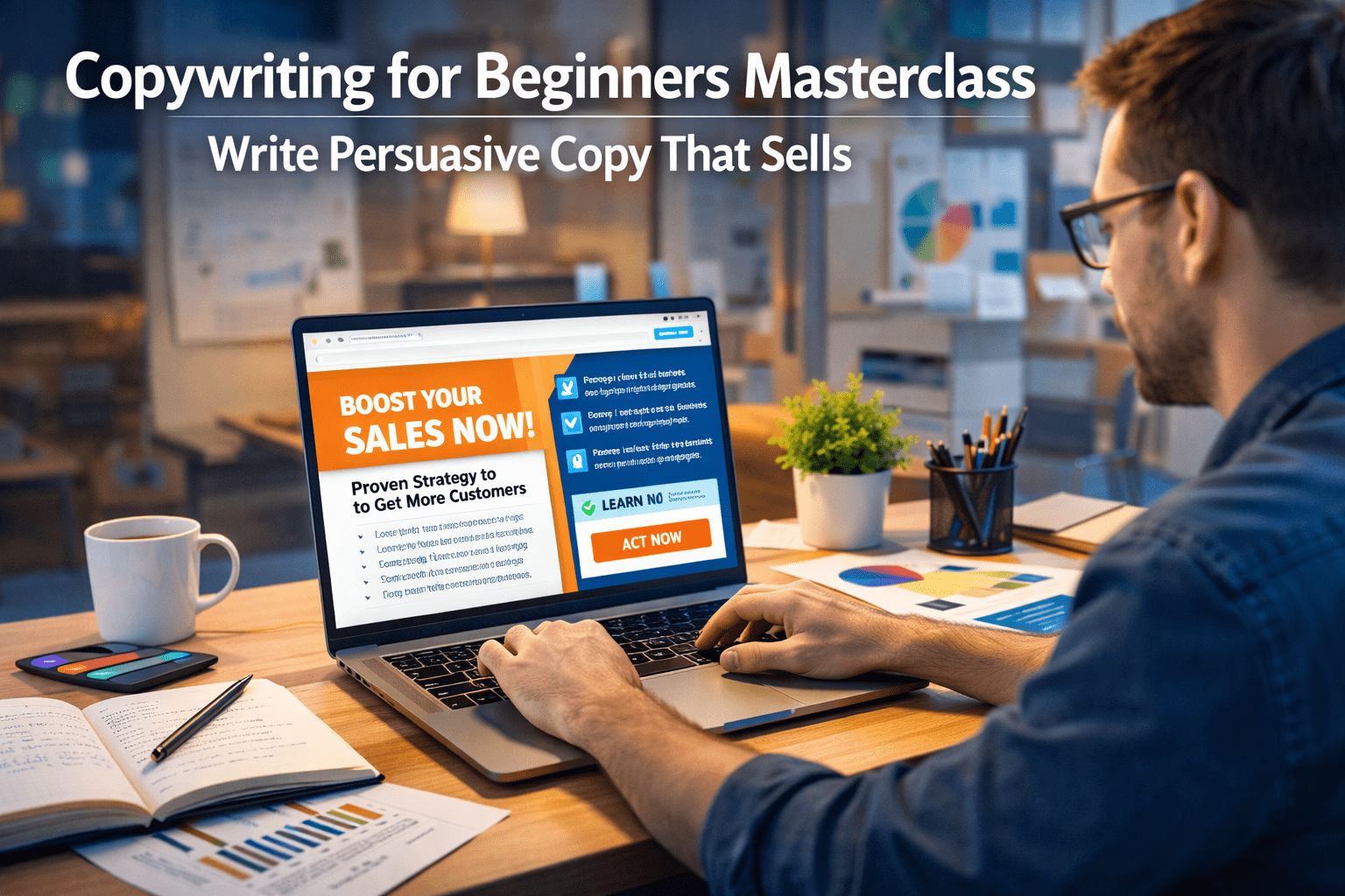 Professional marketer writing persuasive sales copy in a copywriting for beginners training environment