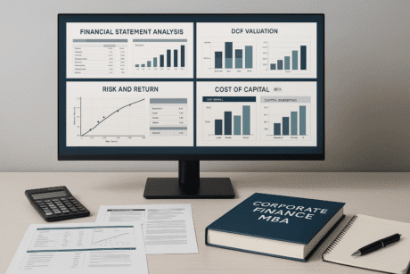 Corporate finance MBA workspace showing valuation models, cost of capital charts, risk analysis, and capital budgeting dashboards
