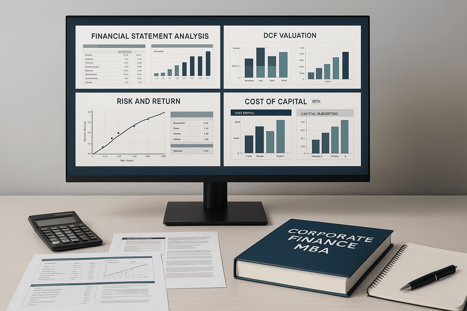 Corporate finance MBA workspace showing valuation models, cost of capital charts, risk analysis, and capital budgeting dashboards