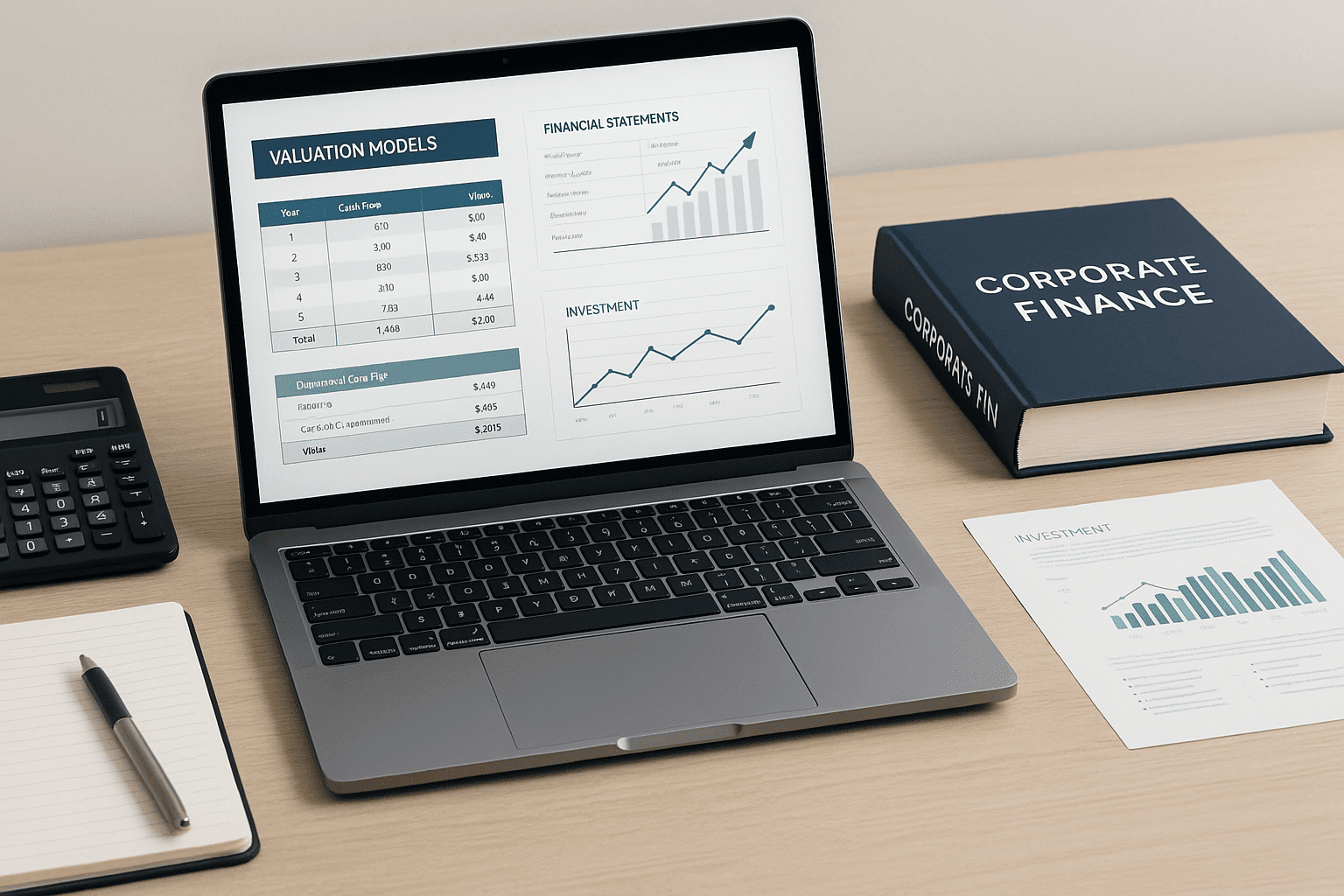 Modern finance workspace with valuation models representing corporate finance MBA learning