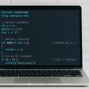 C++ Programming Basics learning setup showing code editor, variables, functions, data types, and beginner-friendly syntax