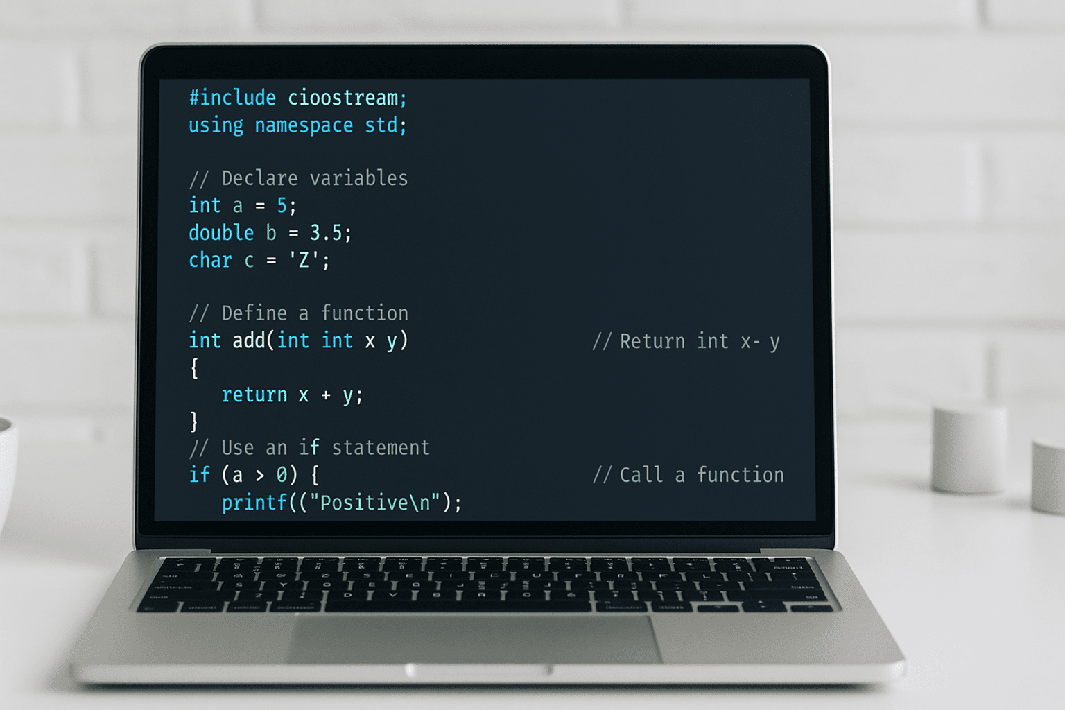 C++ Programming Basics learning setup showing code editor, variables, functions, data types, and beginner-friendly syntax