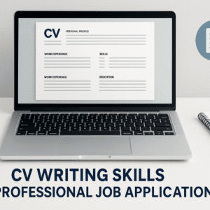 Professional workspace showing a CV document and laptop, representing CV writing skills for job success