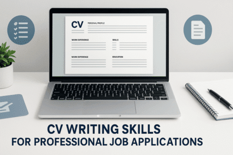 Professional workspace showing a CV document and laptop, representing CV writing skills for job success