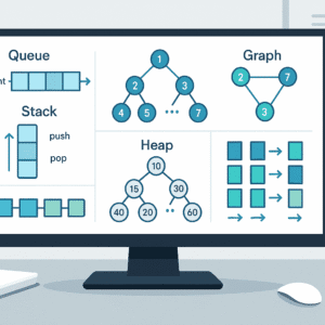Data structures algorithms visual showing trees, graphs, stacks, queues, and sorting algorithms with animated-style diagrams