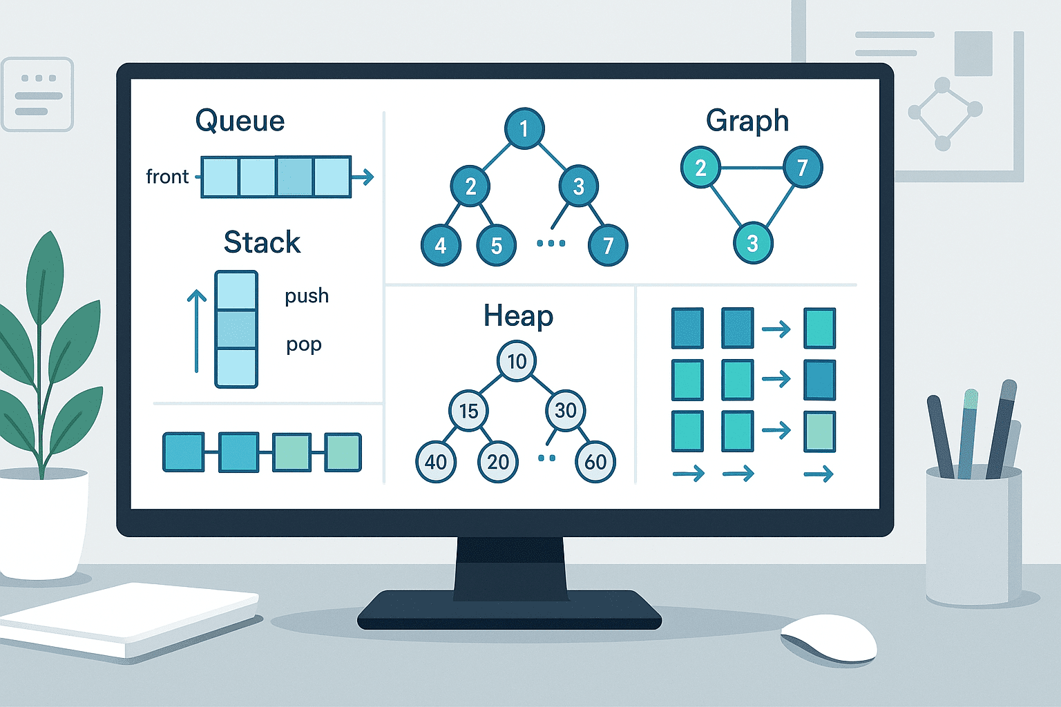 Data structures algorithms visual showing trees, graphs, stacks, queues, and sorting algorithms with animated-style diagrams