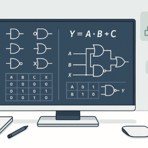 Digital electronics fundamentals illustration showing logic gates, Boolean algebra symbols, truth tables, and digital circuits