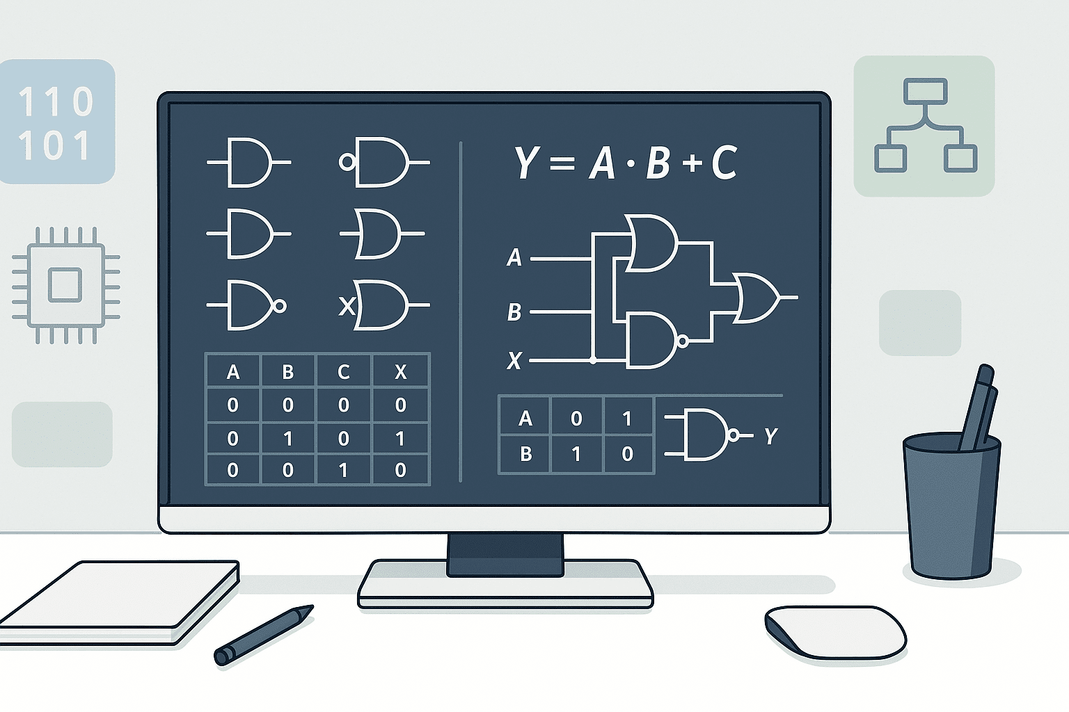Digital electronics fundamentals illustration showing logic gates, Boolean algebra symbols, truth tables, and digital circuits