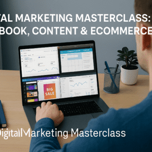 Digital marketing masterclass image showing a UK learner managing Facebook Ads, content creation and eCommerce workflows on a laptop.