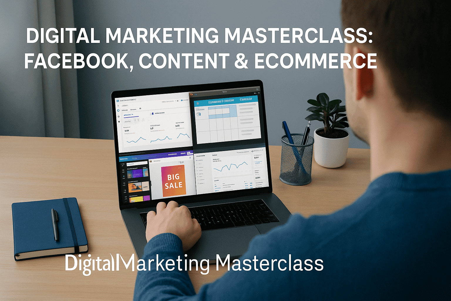 Digital marketing masterclass image showing a UK learner managing Facebook Ads, content creation and eCommerce workflows on a laptop.