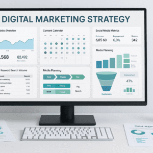 Digital Marketing Strategy Master Bundle showing analytics dashboards, SEO tools, content planning, media strategy and performance metrics