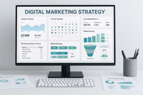 Digital Marketing Strategy Master Bundle showing analytics dashboards, SEO tools, content planning, media strategy and performance metrics