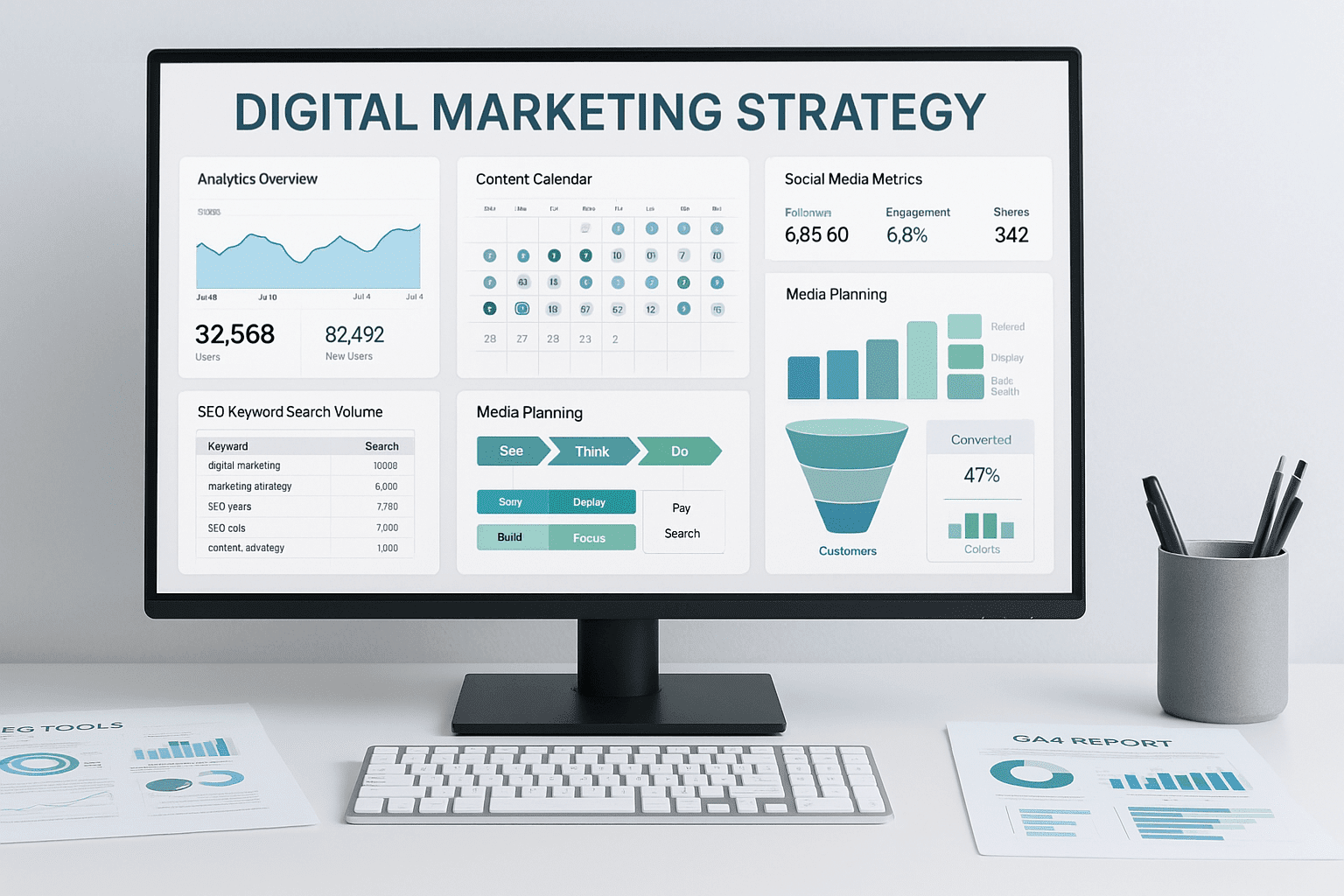 Digital Marketing Strategy Master Bundle showing analytics dashboards, SEO tools, content planning, media strategy and performance metrics