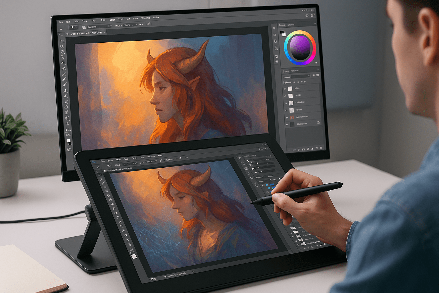 Digital artist painting on a tablet with layers, brushes, and colour tools visible, representing a professional digital painting course.